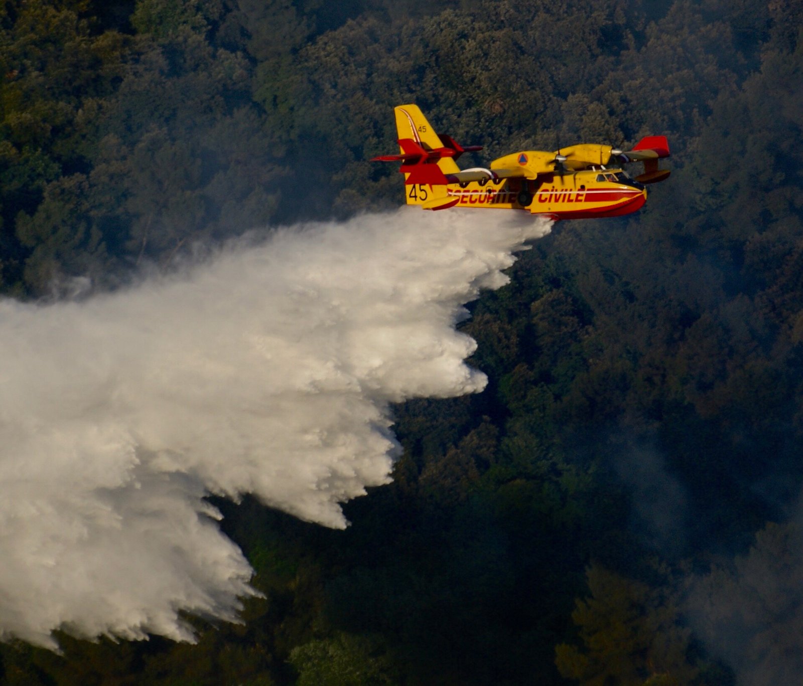Un Canadair de la Sécurité civile largue de l'eau sur un incendie de végétation