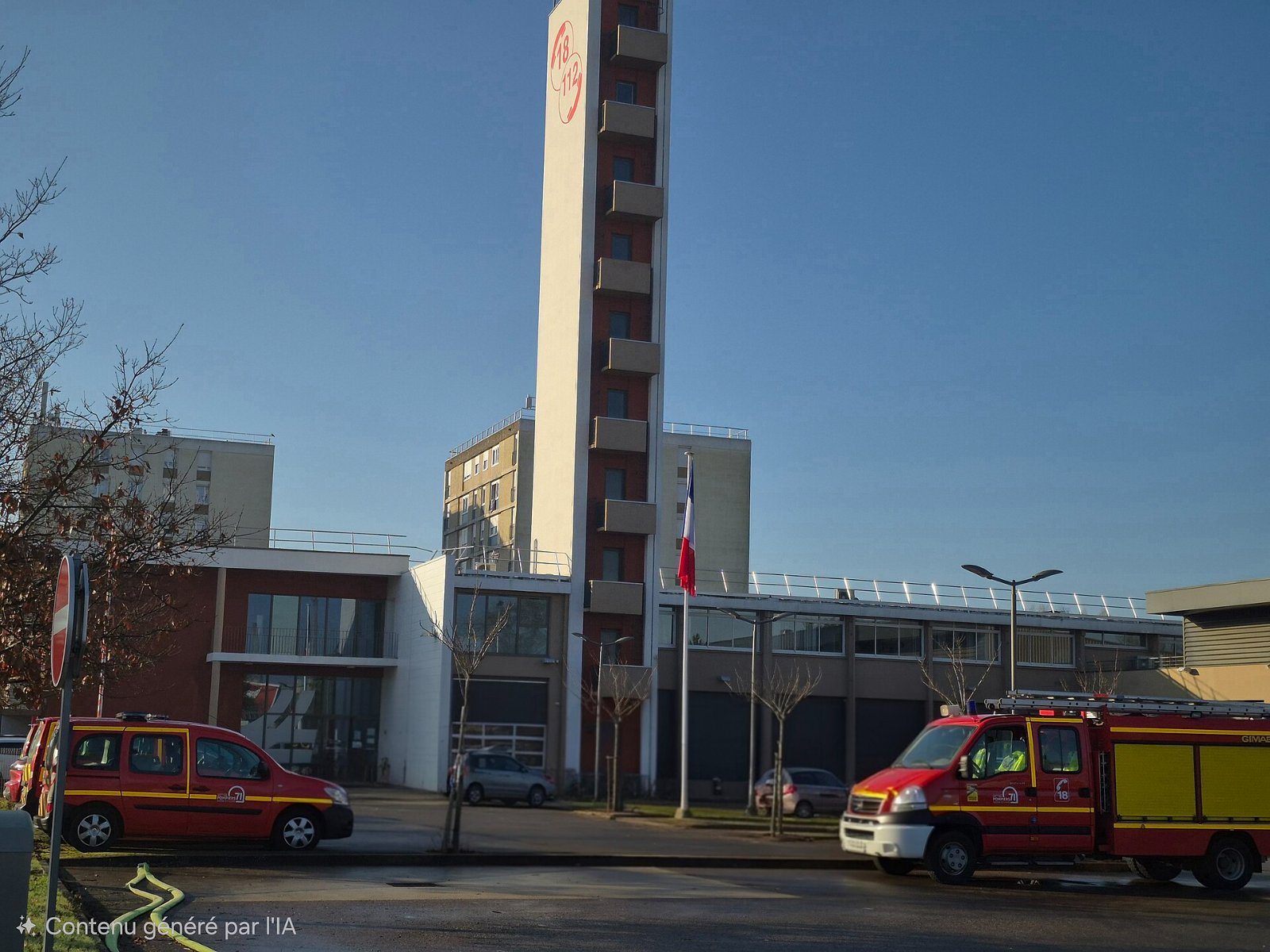Centre de secours du SDIS 71 à Chalon-sur-Saône avec sa tour de manœuvre et des engins de pompiers